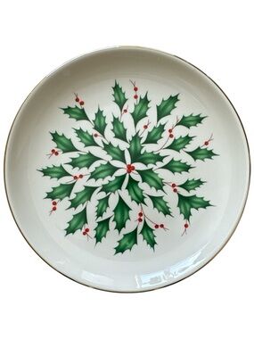 Lenox Holiday Green Holly White Cheese Plate Gold Rim Festive Christmas Decor